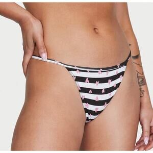 Victoria's Secret Panty L Black & White Doodle Heart Stripe Stretch V-String